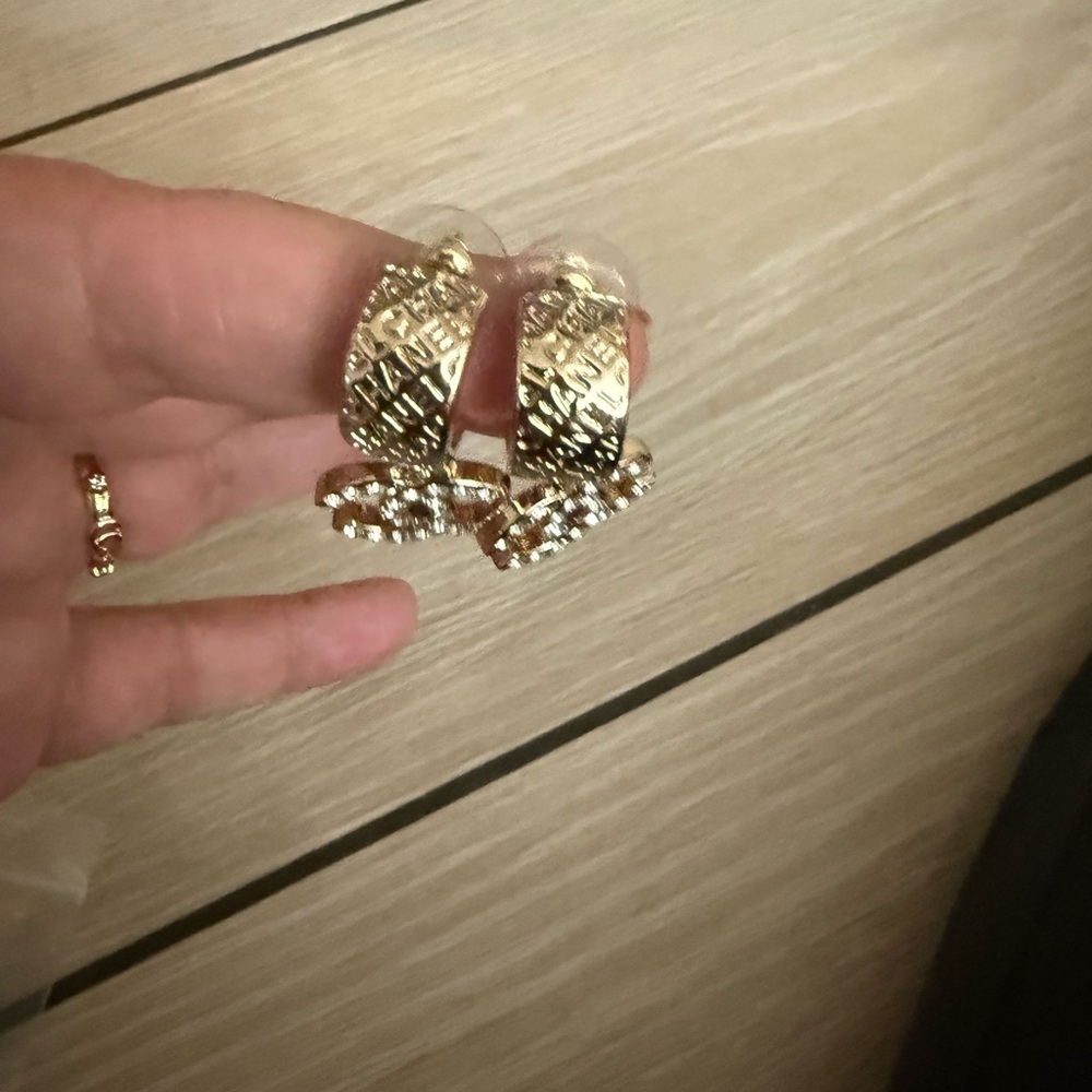 Naw upcycled Chanel Gold with rhinestone Crystal Logo Earrings - Picture 7 of 9
